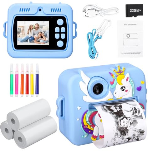 Appareil Photo Instantané Enfants, 2,4 Écran 1080P HD Vidéo Selfie Caméra Enfant, 48MP, 32GB Carte & Papier d'impression, Appareil Photo Numérique pour 3-14 Ans Filles Garçons de Noël Anniversaire