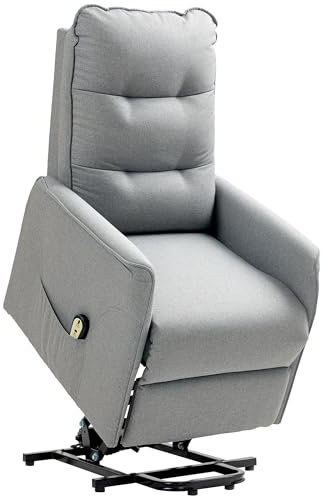 HOMCOM Fernsehsessel mit Aufstehhilfe Elektrisch, Relaxsessel mit Liegefunktion, TV-Sessel mit Fernbedienung, Seitentasche, Taschenfeder und Leinenoptik für Wohnzimmer, bis 150kg, Grau
