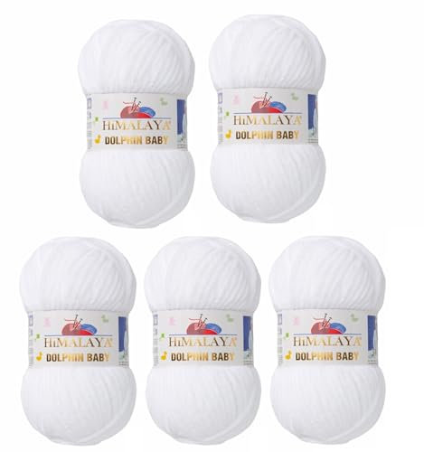 5 x Himalaya Dolphin Baby Wolle Garn Baumwolle Strickwolle zum Stricken häkeln super Bulky Chenille Garn Wolle Strickgarn 100g 120m Polyester Elomnia (5x-A1-80301 Weiss)