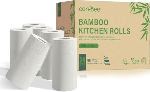 Carebee Kitchen Roll - 2 Ply Strong & Absorbent Paper Towels | 100% Bamboo | Zero Wastage | 100 Sheets per Roll | Ideal for Household Cleaning, Spills & Food Prep (24 Pack)