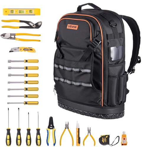 VEVOR Zaino Portautensili, 65 Tasche, per Attrezzi Pesanti, Zaino da Lavoro con Scomparto per Laptop e Base Sagomata, Borsa da Cantiere per Elettricisti, Riparatori e Tecnici HVAC Nero Arancione