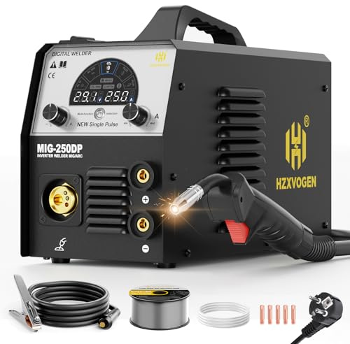 H HZXVOGEN MIG250DP 250A saldatrice in alluminio 230 V, 5 in 1 Gas/Flux Core MIG, Lift TIG, Pulse, MMA/Stick Saldatrice con Synergic Control per professionisti e fai da te