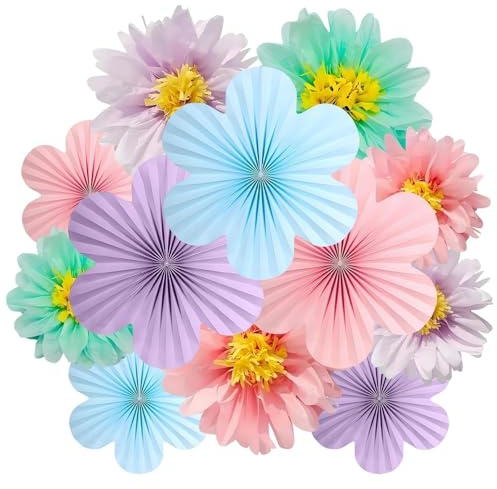 12 Pcs Pastel Paper Flowers Decorations, Paper Fans Classroom Decoration, Pastel Birthday Floral Hanging Decoration, for Wall, Wedding, Anniversary, Bachelorette Room Hanging Decorations