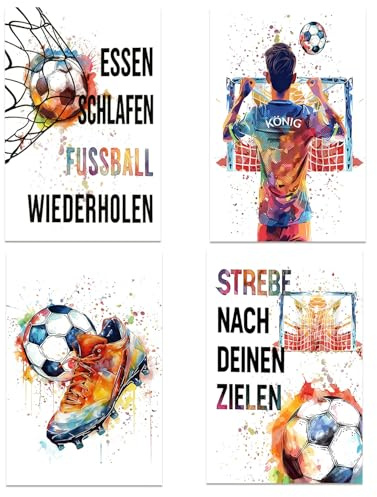 4 Stück Fußball Poster, Jugendzimmer Deko Jungen, Fussball Bilder Leinwand, Inspirierende Wandposter Football Graffiti, Stylische Fussball Geschenke für Männer Wandbilder Schlafzimmer, 30×20cm