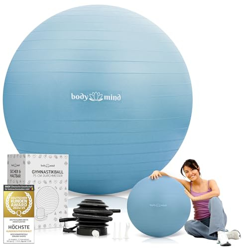 Body & Mind Gymnastikball inkl. Luftpumpe - Anti-Burst Pilates Ball, Pezziball für Schwangerschaft Ergonomischer Sitz als Büro-Stuhl, Sitzball für Yoga, Gymnastik & Workout