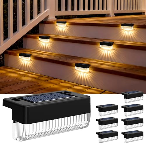 GIGALUMI Solar Fence Lights Outdoor Garden, 8 Pack Solar Powered LED Deck Lights, IP44 Outdoor Waterproof for Stairs, Backyard, Patio, Pool, Railing, Step (Warm White)
