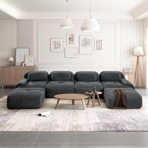 SoarFlash Sofá Moderno Modular, Tela côtelé, Asiento Profundo + reposabrazos Anchos, sin Necesidad de ensamblaje, sofá 4 plazas Tipo U, Gris Oscuro