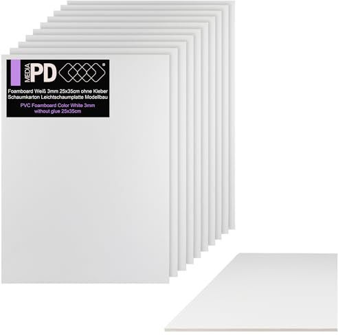 PDmedia Schaumstoffplatte - 10 Stück Leichtschaumplatten für Modellbau und Präsentationen - Foamboards ohne Klebeschicht - UV-Druck DIY - 25 x 35 cm 3 mm Weiß