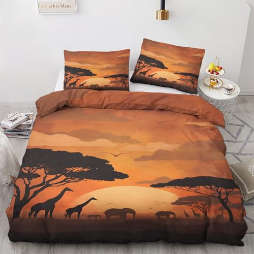 Venivici Afrika Bettwäsche 200x220 - Giraffe Elefant Sonnenuntergang Bettbezug 200x220 3 Teilig, Weiche & Angenehme Mikrofaser Bettbezüge & 2 Kissenbezug 80x80, Bettwäsche-Sets mit Reißverschluss