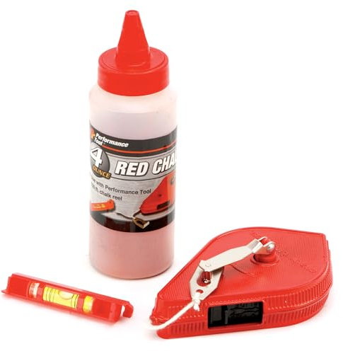 Performance Tool W5512 Kreiderolle mit Schnurlibelle und Lotbob, Gehäuse aus Zinklegierung, 113 g, rote Kreide, 30,5 m