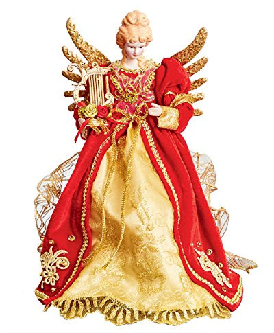 Weihnachtsengel Weihnachtsbaumspitze – Rot und Goldfarben, Engel mit Harfe – Goldfarben metallisch schimmernde Flügel