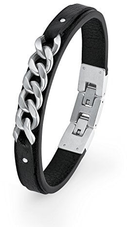 S.Oliver Herren Armband Leder Edelstahl Ketten mattiert 20+1,5cm schwarz