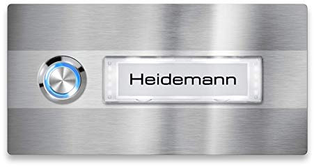 Metzler Türklingel V2A Edelstahl - LED-Beleuchtung - Namensschild austauschbar (Namensschild mit Beleuchtung, LED-Taster Blau)