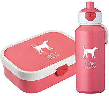 4ou Design Mepal Set Brotdose & Trinkflasche personalisiert mit Namen – Silhouette Hund pink – Auslaufsicher, Bento Einsatz rausnehmbar, inkl. Snackgabel – BPA frei – Geschenk für Kinder