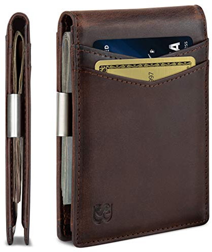 Serman Brands Portefeuille avec pince à billets – Portefeuille fin pour homme avec poche avant bloquant les RFID et porte-cartes minimaliste - Marron - mince