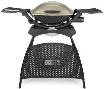 Weber Q2000 Gas Grill with Stand + Side Tables, 54 x 39cm Grilling Area, Portable, 1 Burner, 2-Piece Porcelain-Enamelled Cast Iron Cooking Grates, Aluminum Cast Lid & Body - Titanium (53060374)
