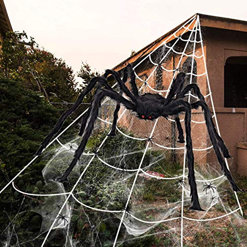 iZoeL XL Halloween Deko 500cm Riesige Spinnennetz + 150cm Spinne + Spinnweben + 30 Mini Spinne, Halloween Garten Deko Außendekoration Riesenspinne