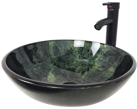YIMAI Ingenuity Vessel Sink 16.5 Bathroom Sinks Tempered Glass Green Art Basin Round Bowl with Faucet Combo Green(20204)