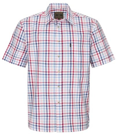 WALKER AND HAWKES - Men's Checkered Blue and Red 100% Cotton Short Sleeve Canterbury Country Shirt with Pocket Classic-Fit - Red - Large (42'')