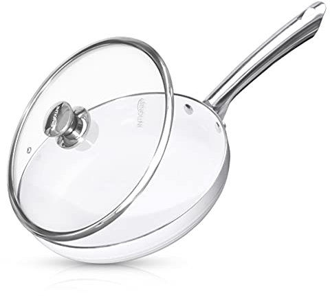 Frying Pan with Lid Non Stick Deep Sauté Pan, Stainless Steel Induction Base for All Hobs Ceramic Ovenproof Dishwasher Safe (White, 24 CM)