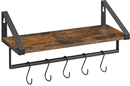 VASAGLE Estante de Pared con Barra, Estante Flotante con 5 Ganchos, Estante Colgante, para Cocina, Dormitorio, Entrada, Marrón Rústico y Negro LWS420B01