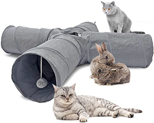 LeerKing Katzentunnel 4 Wege Kaninchen Tunnel Ohne Rascheln Spieltunnel Katzenlabyrint für Katzen Hase Grau 120 * 25cm