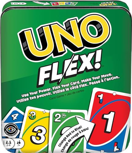 Mattel Games UNO Flex Kartenspiel für Familienabend, bei dem Karten die Farbe ändern, wenn sie gebogen werden, in Sammeldose