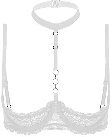 CHICTRY Womens Sheer Lace Lingerie 1/4 Cups Bare Exposed Breast Underwire Push Up Bra Everyday Bra 2# White M