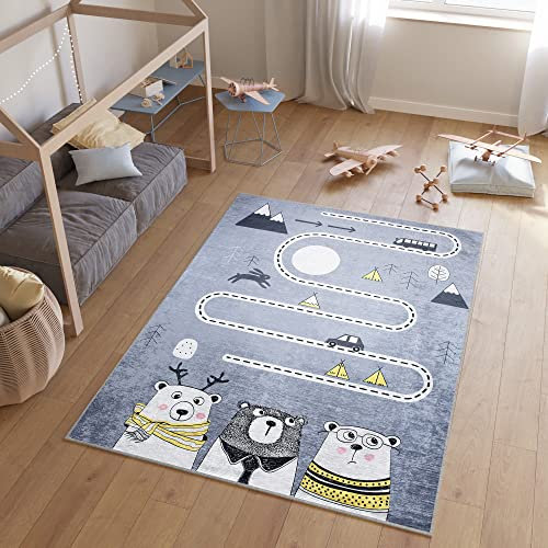 TAPISO Emma Teppich Waschbar bei 30 Grad Grau Bär Straße bedruckter Kinderteppich Antirutsch Kinderzimmer Jugendzimmer Modern ÖKO-TEX 80 x 150 cm
