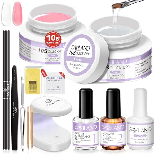 SAVILAND Quick-dry Builder Nail Gel Kit - Clear Pink Builder Nail Extension gel with Mini UV Light, Top Gel, Nail Dehydrator, Non-acid PH Bond Primer and Nail Extension Application Tools for beginners