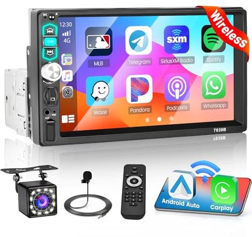 Hikity Wireless CarPlay 1 DIN Stereo Auto con Schermo da 7 Pollici Touchscreen Android Auto Autoradio Vivavoce Bluetooth Radio Auto con FM Radio AUX TF Retrocamera