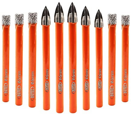 Set di punte diamantate a secco BGTEC - 5 pezzi di punte per piastrelle da 6 mm e 5 pezzi di punte in carburo da 6 mm per granito marmo porcellana ceramica