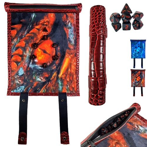POWER BEAST Dungeon Würfelmatte Drache, Zum Aufrollen, mit Würfel Aufbewahrung + 7 Rollenspiel Würfel, Mit Polyedrische Würfel Set, Würfelteller, Dungeons and Dragons, D&D. (REDDRAGON)