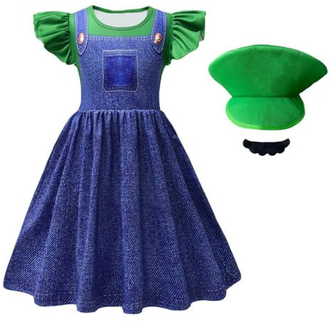 laughZuaia Kleine Mädchen Prinzessin Pfirsich Kostüm Kinder Puff Sleeve Fee Super Bros Kostüm Cosplay Fancy Kleid Outfits Pfirsich Krone Handschuhe (130, green)