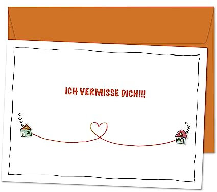 POSTKARTE Ich vermisse Dich - große Karte für Grüße voller Herz, Sehnsucht und Liebe an den/die Partner-in, die Liebsten, Familie, Freunde und Kollegen - XL Postkarte mit Umschlag orange