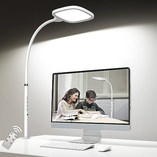 bravzurg 20W Superhell Superbreite Tischlampe mit Klemmbar, Schreibtischlampe LED Dimmbar, Monitor Schreibtischleuchte mit Fernbedienung, Tageslichtlampe für Büro Kinder Bildschirm – Weiß
