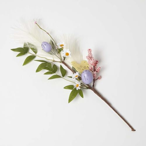 Homescapes Osterstecker flieder, Dekozweig mit Ostereiern und Hühner-Deko 46cm, Blumenstecker Ostern, Frühlingsdeko pastellfarben