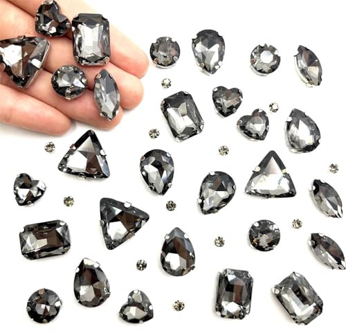 Yixinly 236 Stück Strasssteine zum Aufnähen, Glas-Strasssteine in Gemischten Formen, Metall Krappenfassung Glas Nähen Edelsteinefür DIY, Kleidungs, Basteln und nähen (Grau)