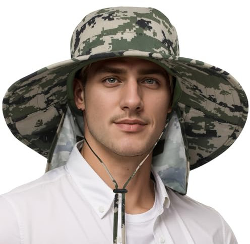 Kato Tirrinia Breite Krempe Sonnenhut Wanderhut Fischerhüte Herren, Safari Hut Anglerhut Herren mit Nackenklappe, Sonnenschutz UPF 50+ UV Schutz Kopf Hut für Outdoor Atmungsaktiv Winddicht, Tarnung