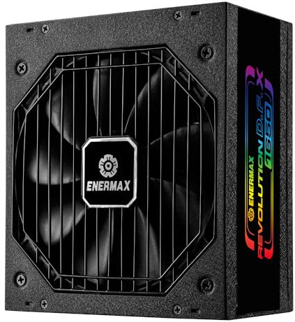 Fuente de alimentación ENERMAX Revolution D.F. X ARGB ATX3.0 PCI-e 5.0 Compact Gaming&Streaming PC 1650W 80Plus Gold (Totalmente Modular, 2X 12VHPWR, Semi-sin Ventilador), ERT1650EWT, Negro