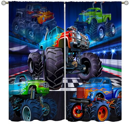AAVEUP Monster-Truck-Vorhänge, moderne Cartoon-Track-Flamme, großer Reifen, Monster-Sasquatch, Auto-Verdunkelungsvorhänge, Vorhänge für Kinder, Jungen, Jugendzimmer, Wohnzimmer, 106,7 x 114,3 cm