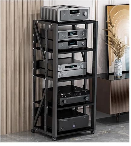 YLLFFLL Audio Rack HiFi Regal Mobil Home Entertainment Ständer Stereoanlage, Audio-Video-Medienständer Mit Höhenverstellbarem Regal Und Rädern, 3/4/5-Schicht-Audio-Rack Av Tower(Black,5 Tier)