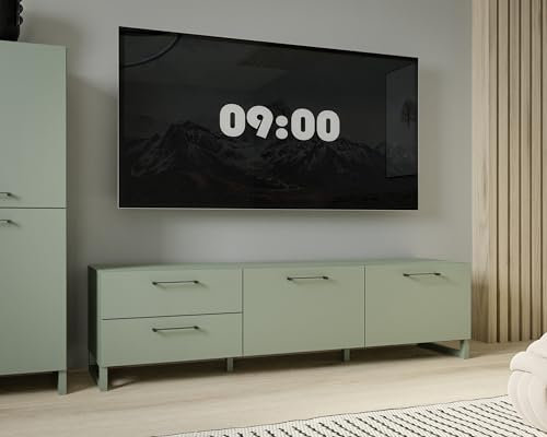 möbelando Lowboard >SILBA< in Salbei (grün), 2 Türen, 2 Schubladen - 164,6x48,6x41,1cm (BxHxT)