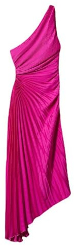 Damenmode, lässiges Temperament, One-Shoulder-Sleeve-Plissee-Kleid mit schrägem Kragen und langem Rock - Rosarot - M