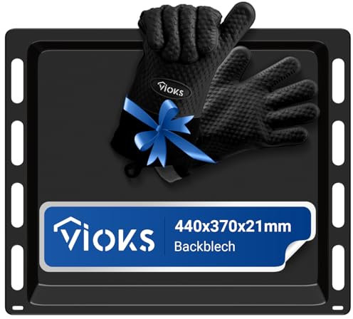VIOKS Set 1x Kuchenblech für Backofen mit 2x Grillhandschuhe Hitzebeständig Ersatz für Bosch 00666902 Fettpfanne Backofen - Backоfen Herd SET aus Ofen Backblech Klein 440x370x21 mm und Handschuhe