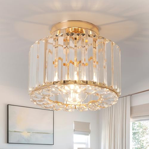 Hudi Fyier Modern Crystals Ceiling Lighting Fixtures, Gold Small Ceiling Lamp, Semi Flush Mount Ceiling Light for Kitchen Hallway Dining Rooms Living Rooms