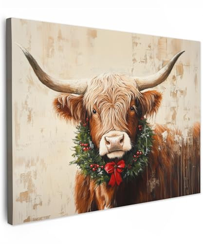 MuchoWow© Impression sur Toile Decoration Murale Peinture 40x30 cm Tableaux Decoratifs Muraux Déco Chambre Cadeau Noel Tableau Salon Noël - Bovin des Highlands écossais - Vache - Beige