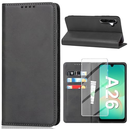 Vaki für Samsung Galaxy A26 5G Hülle mit Schutzfolie, Handyhülle Galaxy A26 5G PU Leder Wallet Kartenfach Klapphülle, Schutzhülle für Samsung A26 Flip Case Cover Coqu Tasche Handyschutz (Schwarz)