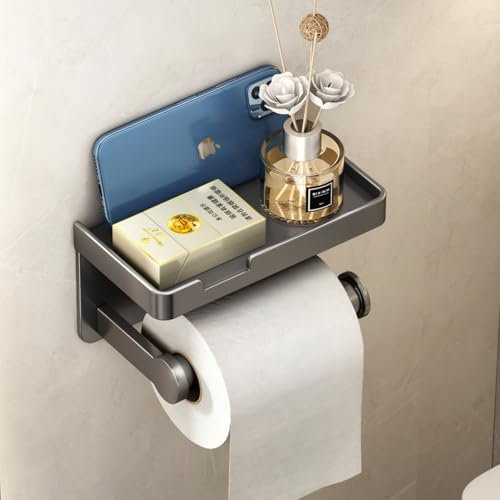 VOLDRA Toilettenpapierhalter Ohne Bohren mit Ablage, Selbstklebend Oder Schraubbar Klopapierhalter, Rostfrei & Multifunktional Badezimmer Klorollenhalter Wc Papier Halterung(Grau)