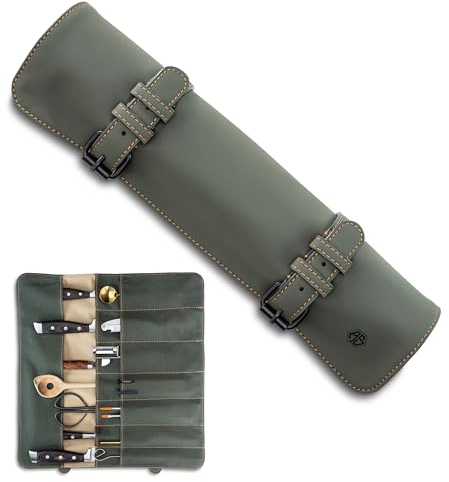 Angus Stoke Messertasche für Kochmesser - 14-Fächer Messerrolle für Köche – hochwertige Rolltasche für Messer Kochtasche Mathieu (Olive-Grün)